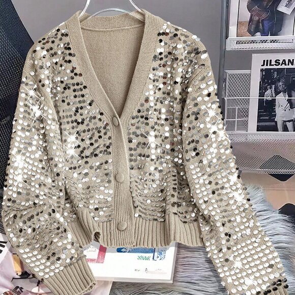 Apricot Elegant Casual Women's V-Neck Sequin Cardigan Sweater - Picture 6 of 9
